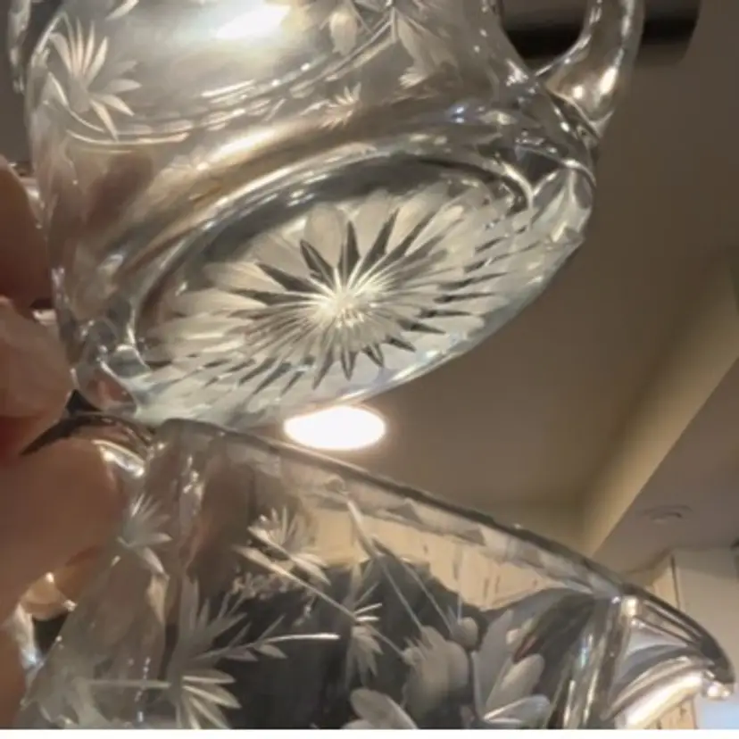 Cream And Sugar In Clear Glass With Floral Etching