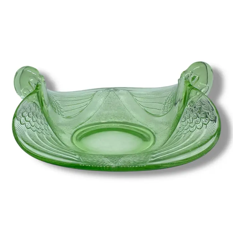 Fenton Uranium Vaseline Green Glass Double Handled Swan Bowl Candy Dish