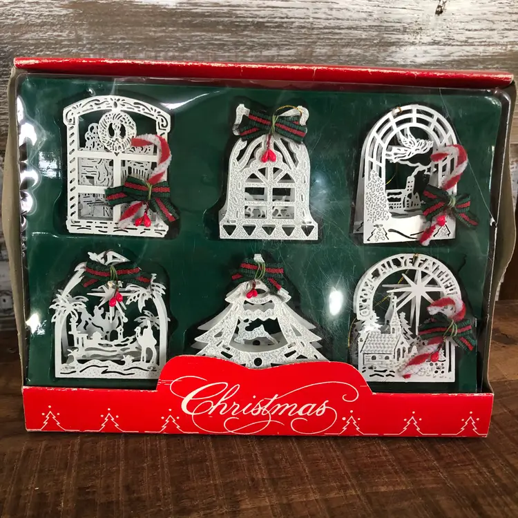 Vintage 6 White Metal Enameled Brass 3D Holiday Ornaments House Of Lloyd In Box