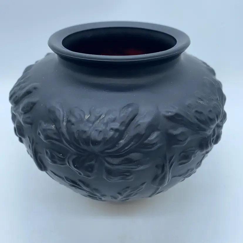 #0604 Tiffin Glass Black Satin vase with raised chrysanthemum floral pattern 6”