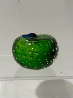 Art Glass Green Apple w/Blue Stem Paperweight