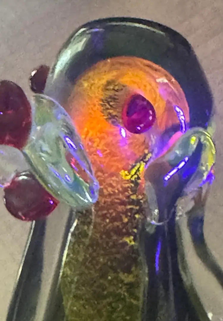 Large Murano Hand Blown Glass Hound Dog 10”Tall Blue Yellow Silver Glows Orange