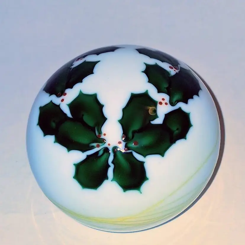 RARE David P. Salazar "Holly Leaves & Berries" Art Glass Paperweight Dated 11/84