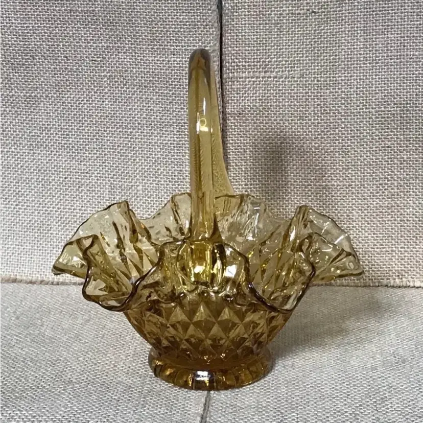 Small Fenton Diamond Point Amber Glass Basket Trinket Dish Holder Cottagecore