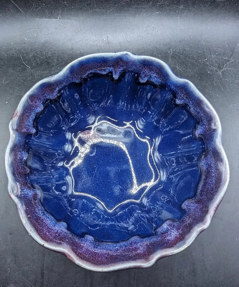 Studio Art Pottery Bowl Signed Bay Blue Purple Glaze.