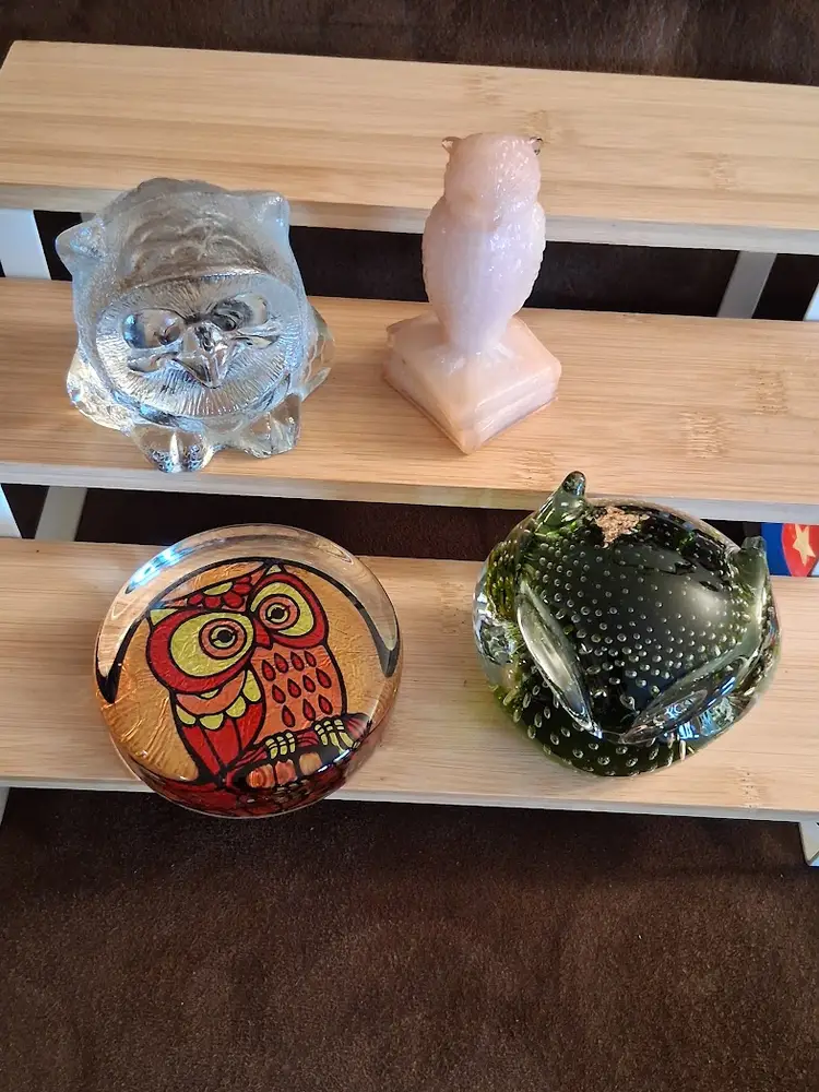 Lot of 4 Vintage Glass OWL Paperweights / Figurines