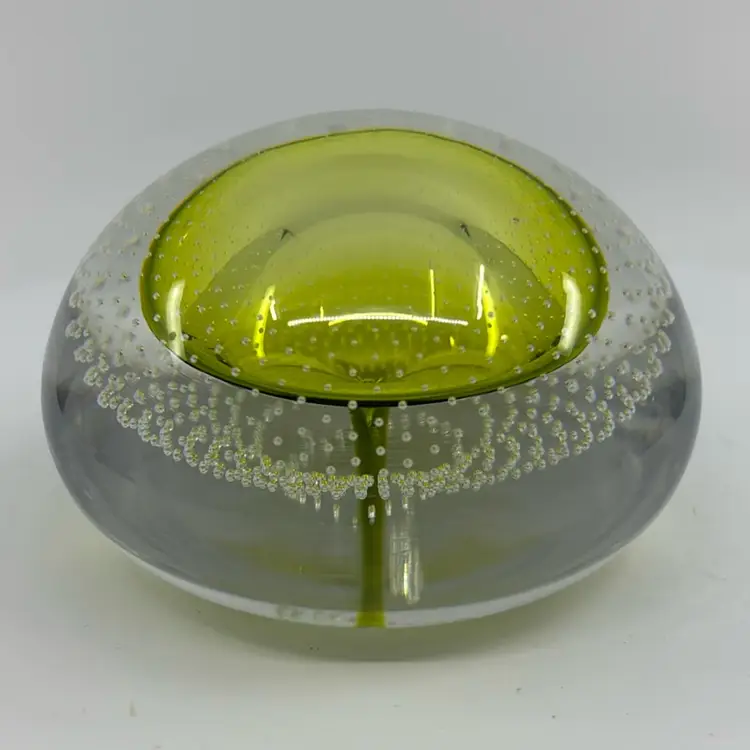 Stunning Lime Core Controlled Bubble Art Glass Paperweight ~ Attributed To Val St. Lambert 3.5”