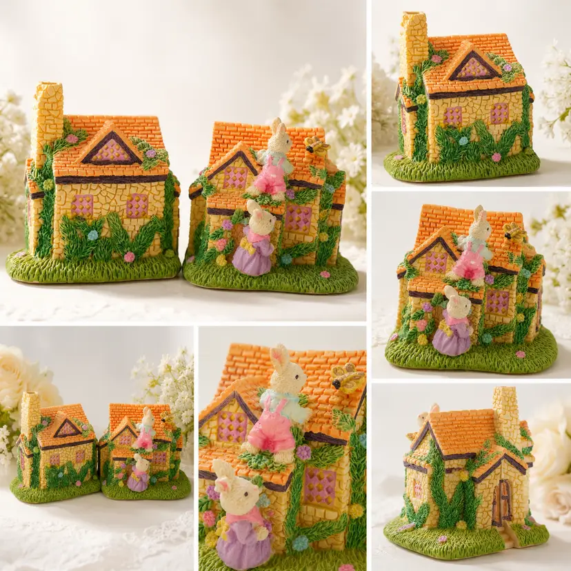 Vintage Bunny Cottage House Figurine, Easter Rabbit Cottage, Resin Spring House Collectible, Storybook Bunny Decor