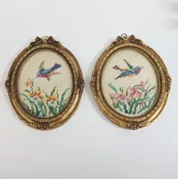 Vintage Set of 2 Needlepoint Bird Floral Ornate Gold Oval Frame Cottagecore 5x7"
