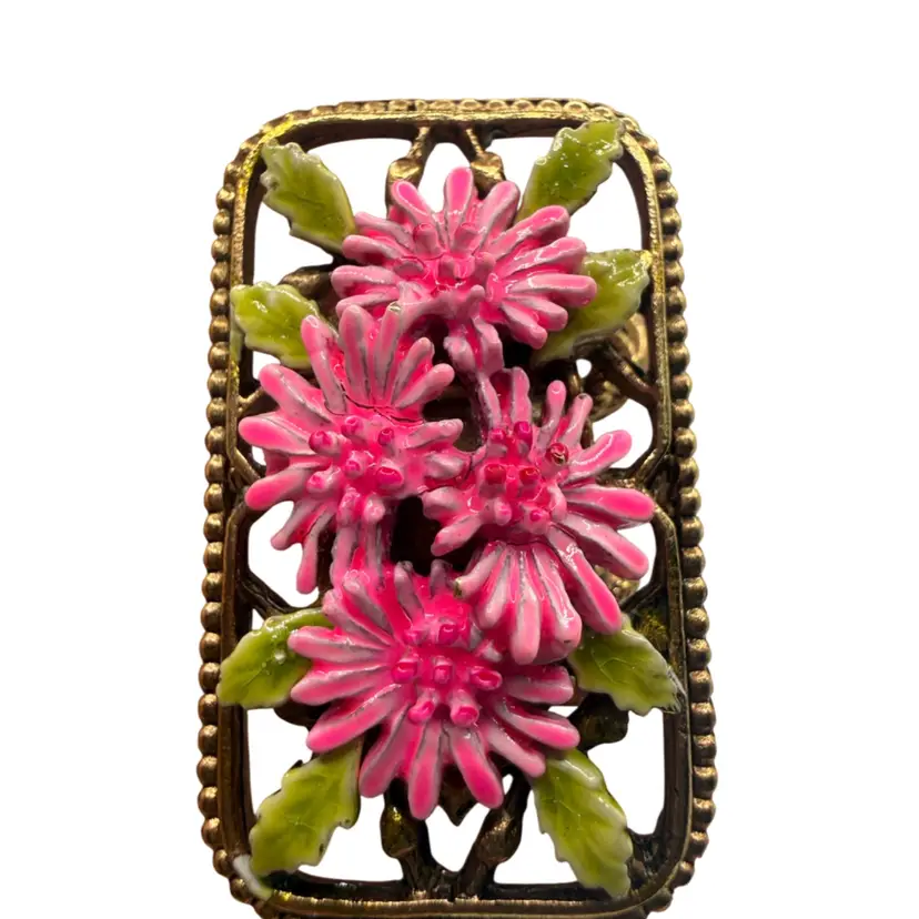 Vintage ART jewelry scarf ring clip vintage enamel pink filigree floral flowers 40s 60s