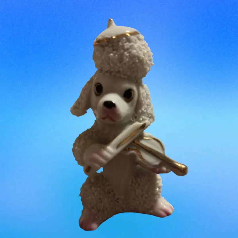 White Spaghetti Porcelain Poodle Figurine Playing Violin