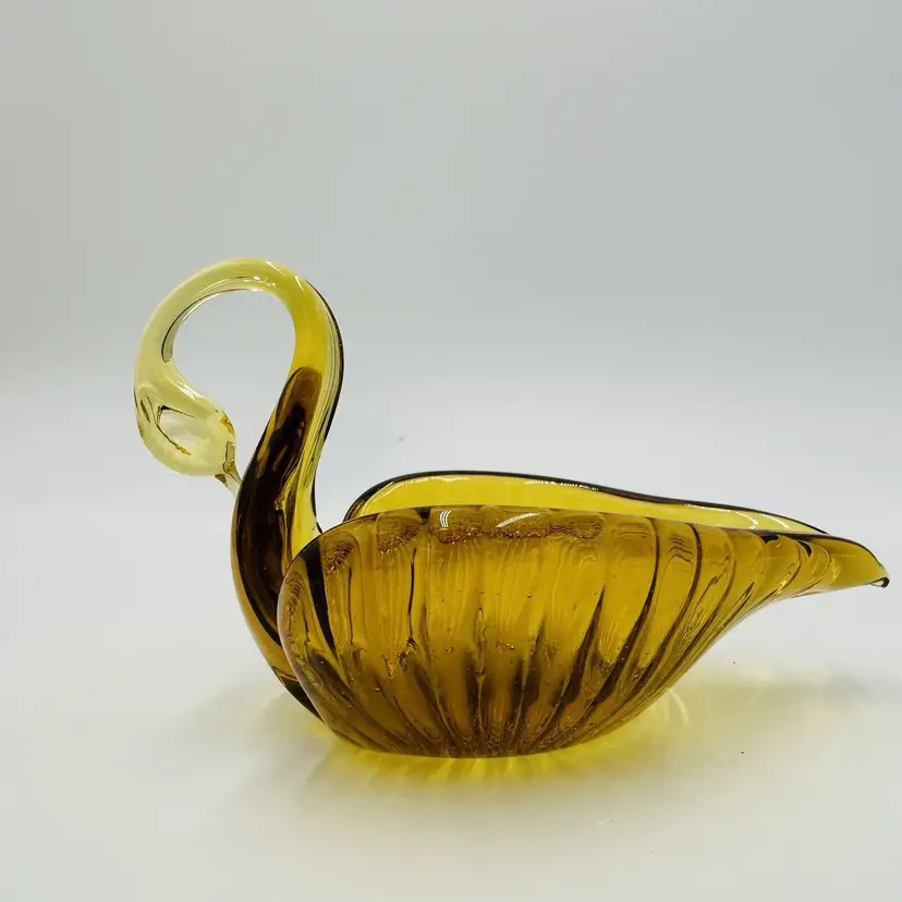 Swan Bowl Glass Figurine Vintage Art Amber Orange Candy Dish Decorative