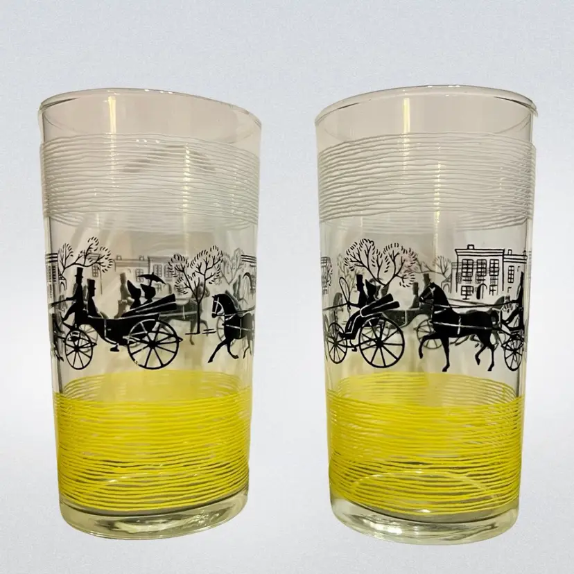 MARKDOWN! Pair of Libbey Horse & Carriage Yellow & White Tumblers/Glasses, HTF