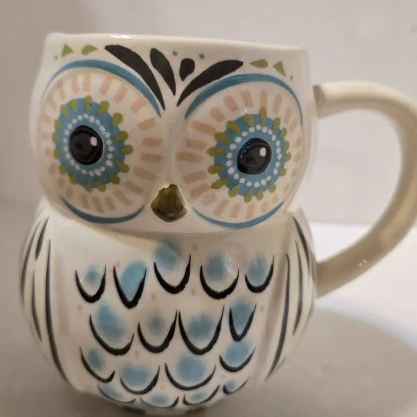 Owl Coffee Mug/Natural Life /Adorable/Folk Art Contoured "love the moment"/Blue