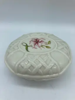 Vintage Ireland Belleek Porcelain Country Trellis Orchid Lidded Trinket Box