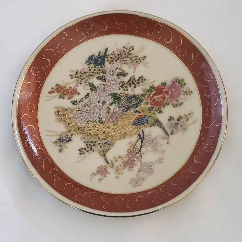 Heritage Satsuma Peacock Floral Plate Japan made 6 1/4" diameter plate Vintage