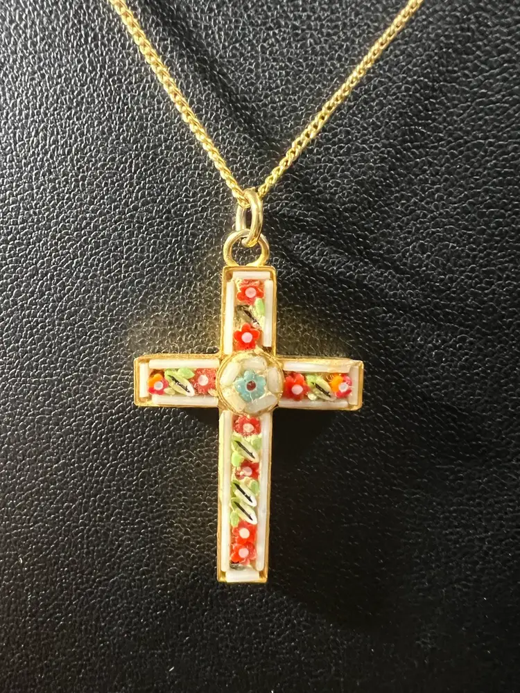Micro Mosaic Cross On A 17” Gold-tone Necklace Not Marked