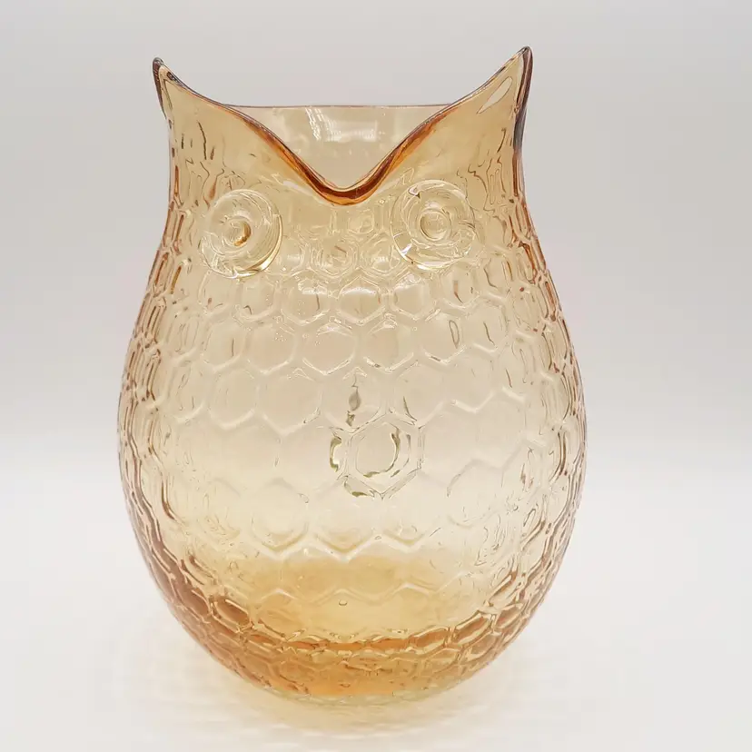 Art Glass Owl Honeycomb Pitcher Light Amber Golden w/ Clear Glass Applied Handle