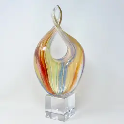Oggetti Elio Raffaeli + Robert Cammozzo signed Murano rainbow striped and gold dust abstract sculpture on stand