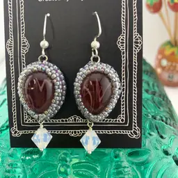 Sterling ear wires - Vintage Glass Cabochons Bead Embroidered Earrings Made By Me.