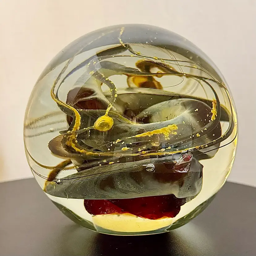 Spiral Art Glass Paperweight Red•Gold•Blue•Gray Vintage Signed 1986
4” x 4”