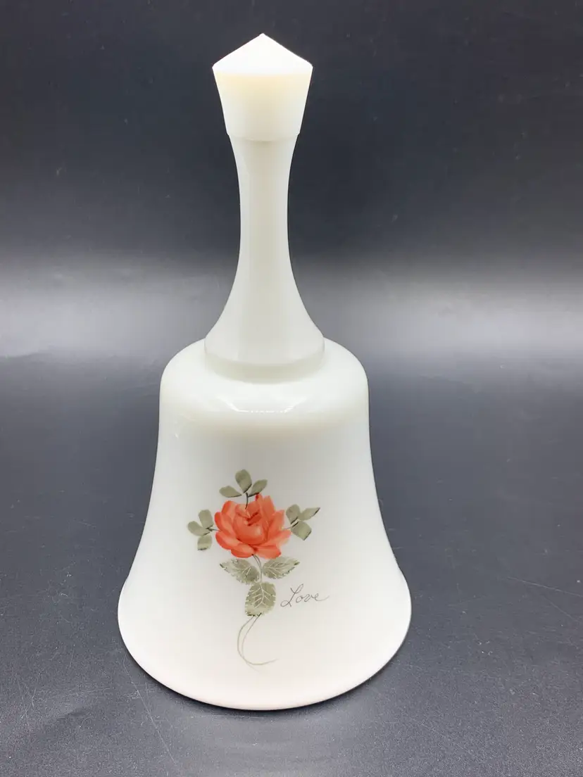 #35 - Signed Fenton Milk Glass Bell Hand Painted Love Pink Rose 7.25" Vintage S Fisher