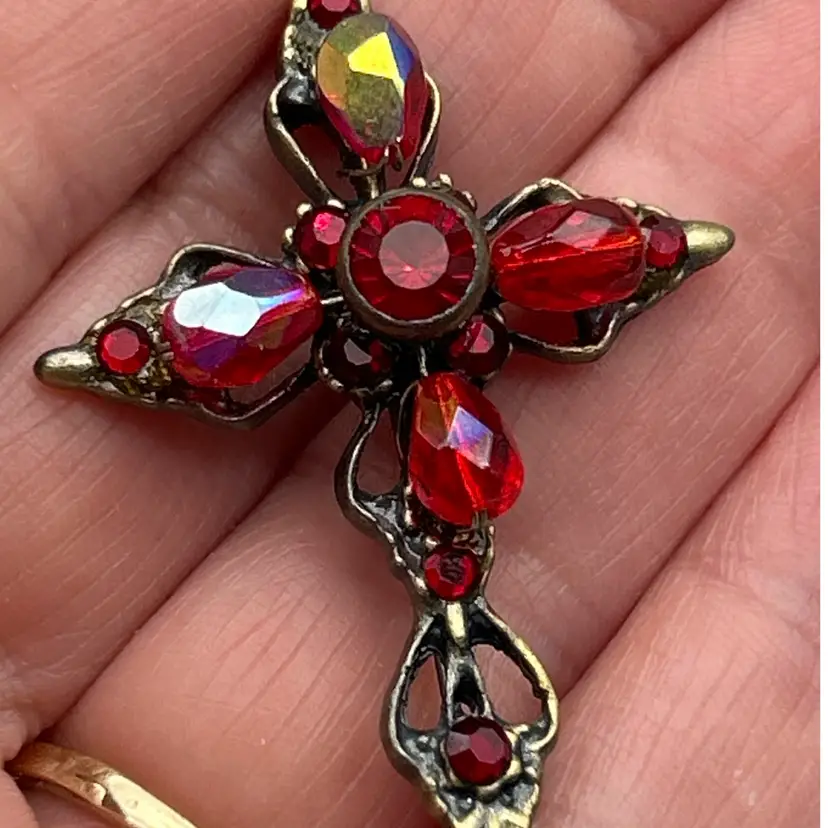 Vintage Ali Khan New York Red Rhinestone Cross Brooch | AB Crystal Gold Tone Statement Pin