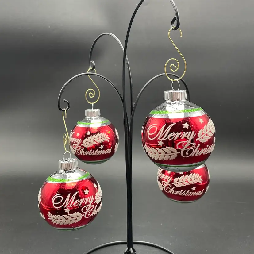 Shiny Brite by Radko Merry Christmas Glass Ornaments Set of 4 Flocked Stenciled