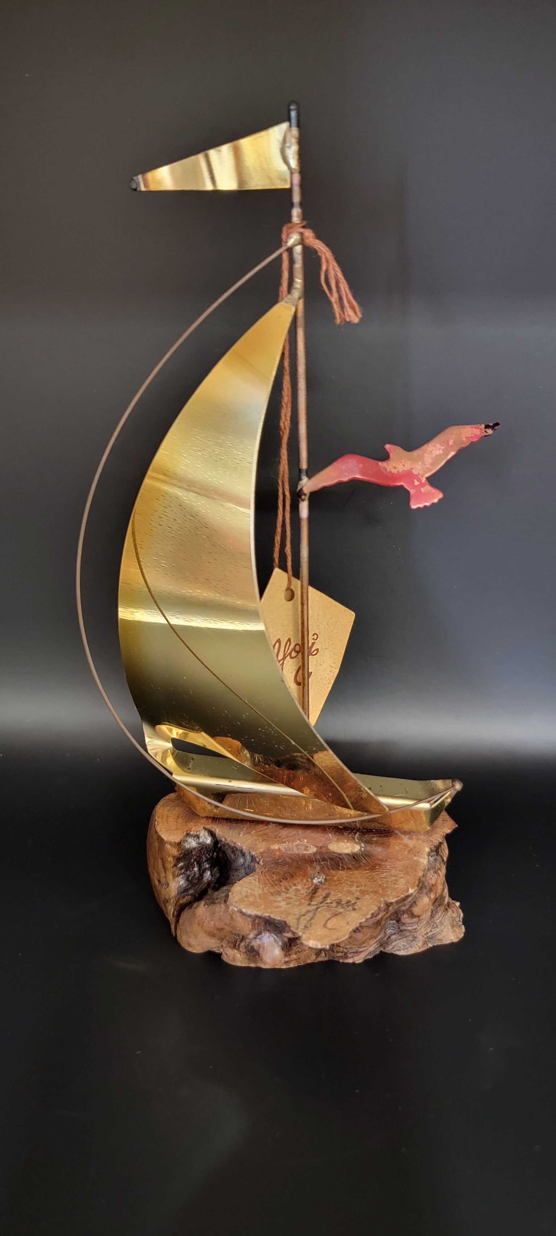 Niknax · Brass sailboat 1981 signed Yosi decor statue.