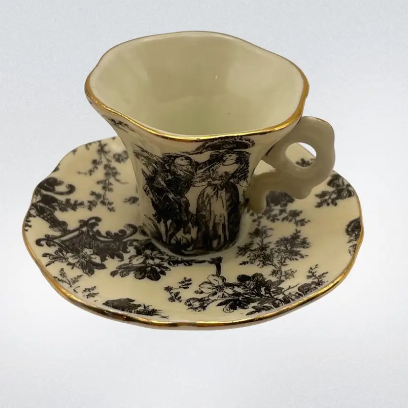 Vintage Miniature Tea Cup, Attached Saucer, Victorian Courting Scene, Black/Ivory, 1.25” Tall