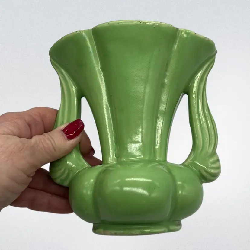 Vintage Niloak Pottery Winged Doubled Handled MCM Vase Green | 5.5”