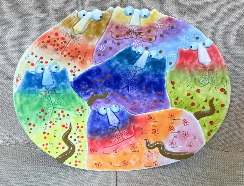 Joy Cats Wall Colorful Cat Platter Wall Hanging Plate Ceramic Whimsical Kidcore