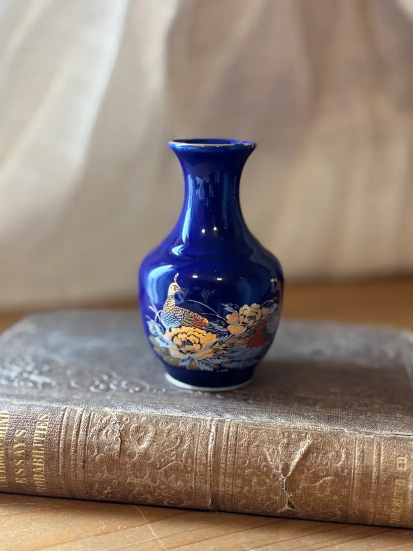Vintage Cobalt Blue Ceramic Mini Vase - Taiwan Pheasant Decor - Gold Accent