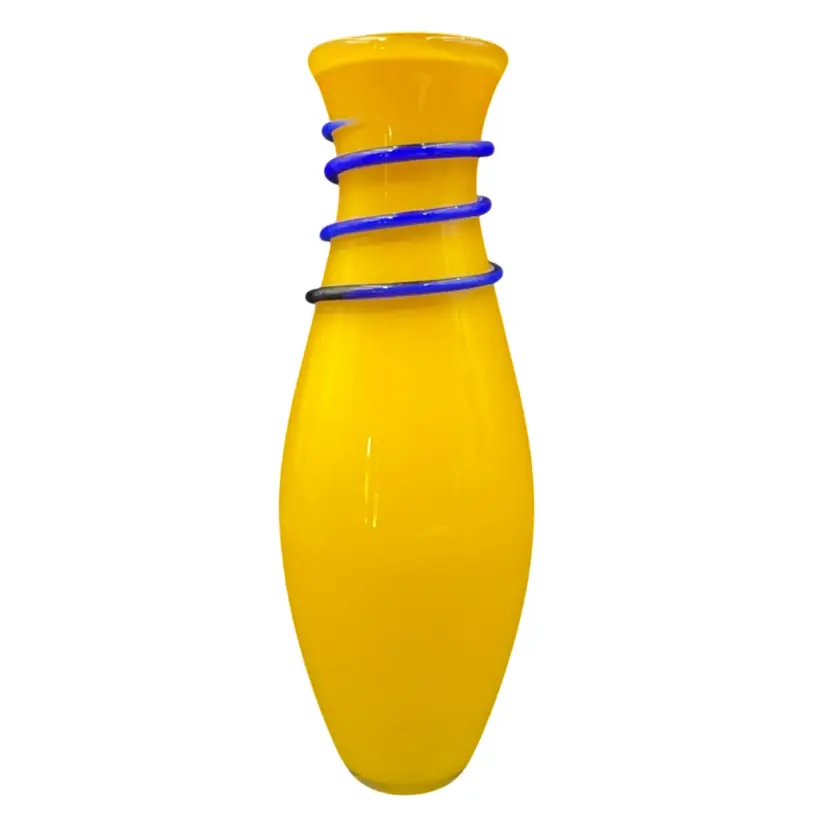 In Cased Vintage Yellow Hand Blown Glass Base With Cobalt Blue Accent