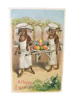 Antique Easter Postcard Anthropomorphic Chef Bunnies Carry Eggs Fantasy 1909