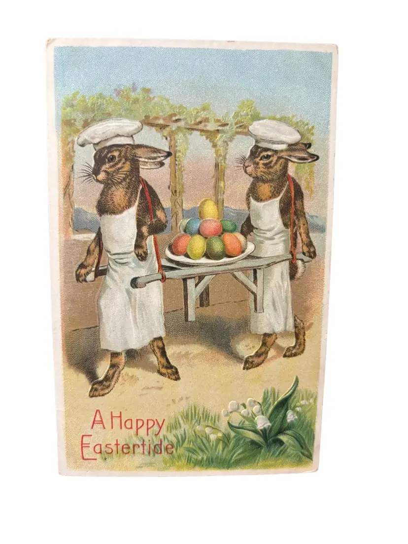 Antique Easter Postcard Anthropomorphic Chef Bunnies Carry Eggs Fantasy 1909