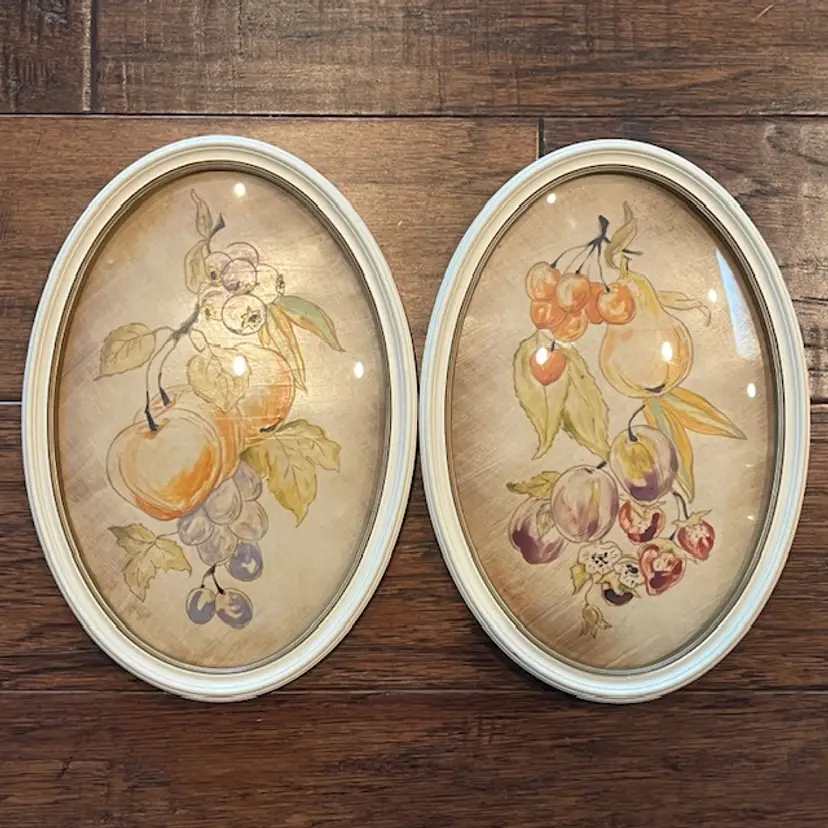 1950s Artist Painted Fruit Still Life Bubble Glass Frames- Recycled Cleaned Patched Resealed