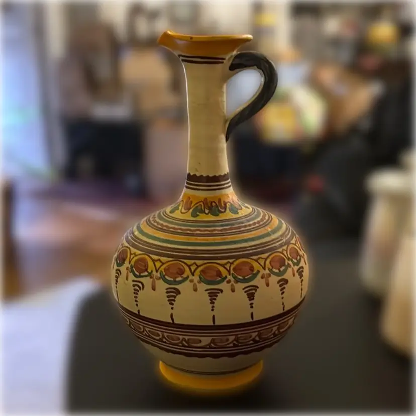 Hand-Painted and Hand-Signed Talavera Jug with Handle - 9.5” tall and 3” in diameter at its base