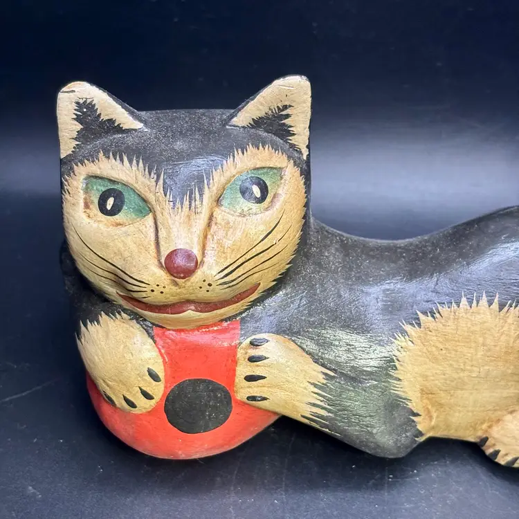 Wooden Mischievous Cat with Polka Dot Ball 5.75”x 7.5”