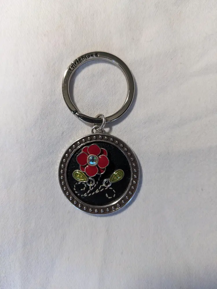 Brighton Red Enamel Floral Black Leather Silver-tone Metal Key Fob Keychain
