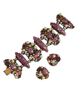 Rare Vintage Huge Resin Confetti Rhinestone Bracelet Set (A9437)