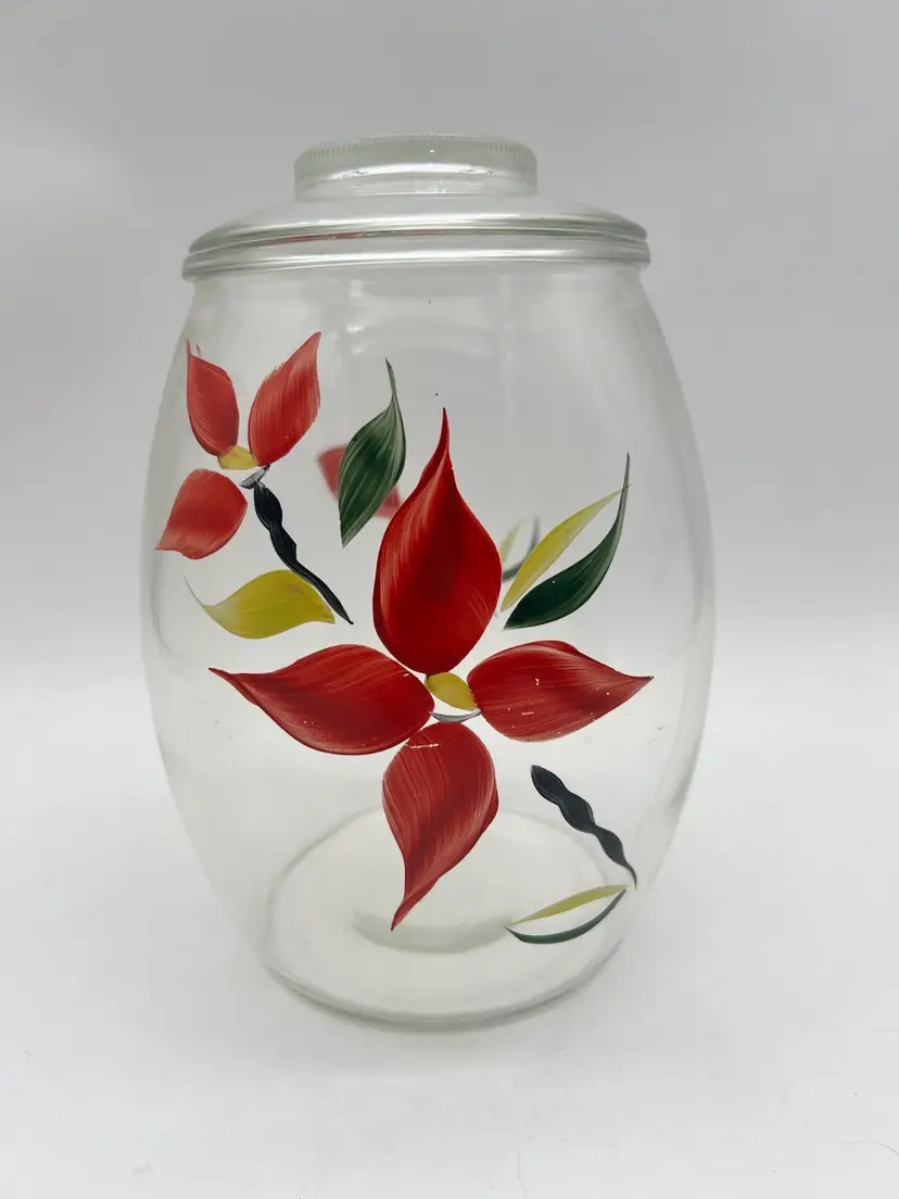 Vintage Bartlett Collins Hand Painted Floral Clear Glass Cookie Jar