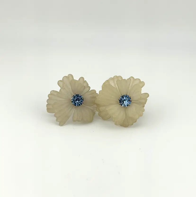 Vintage Accessocraft NYC Silver Tone Celluloid and Blue Rhinestone Screw Back Earrings 1.5”