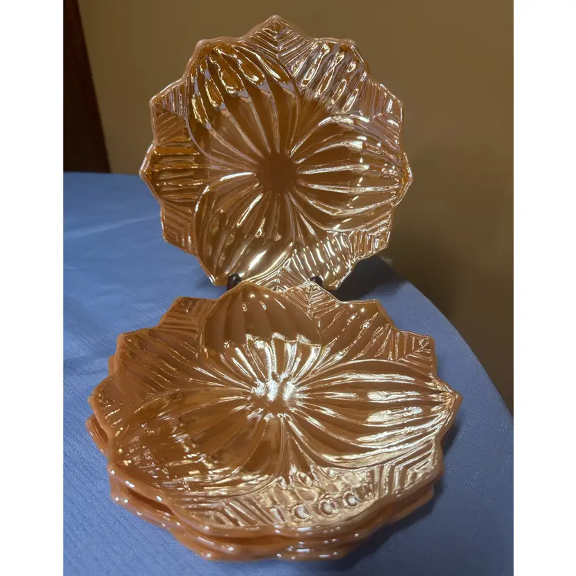 Anchor Hocking Fire King Peach Lustre Lotus Flower 8" Plates set of 4