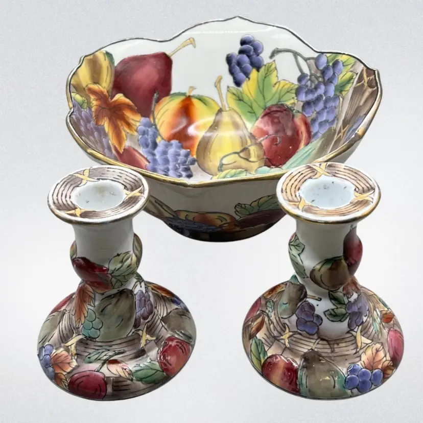 Vintage Chinese Embossed Fruit Pattern Ceramic Candlesticks And Console Bowl
