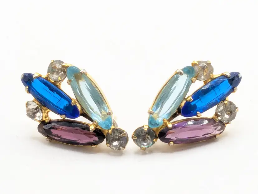 Vintage Gold Tone Multicolor Navette Rhinestone Screw Back Earrings