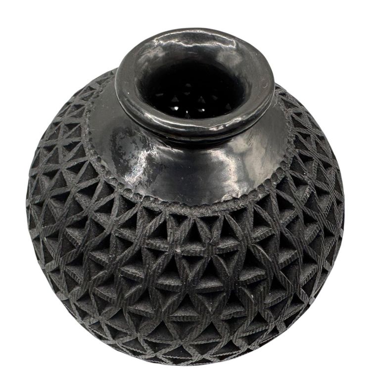 Handmade Oaxaca Black Clay Barro Negro Art Pottery Vase Pierced Cutout Mexico 6”