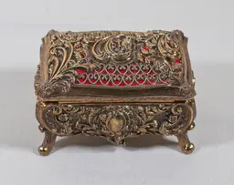 Vintage Rose Heart Filigree Trinket Box Gold with Red Accents Red Velvet Lining 4" Long