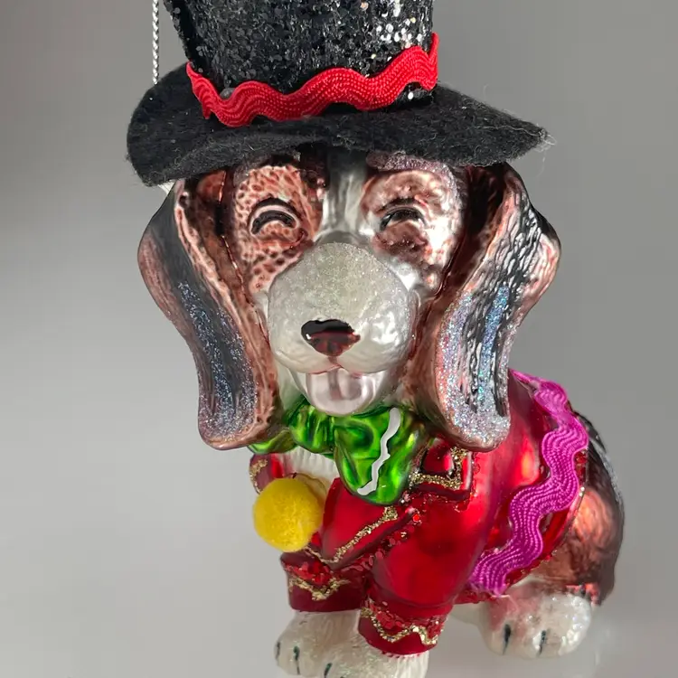 JoAnn Place & Time Basset Hound Dog in Top Hat Blown Glass Christmas Ornament 5.25"