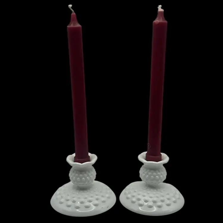 Vintage Pair Of Fenton Hobnail Candle Stick Holders With Deep Red Candles, 3-1/2” High And 4” Wide